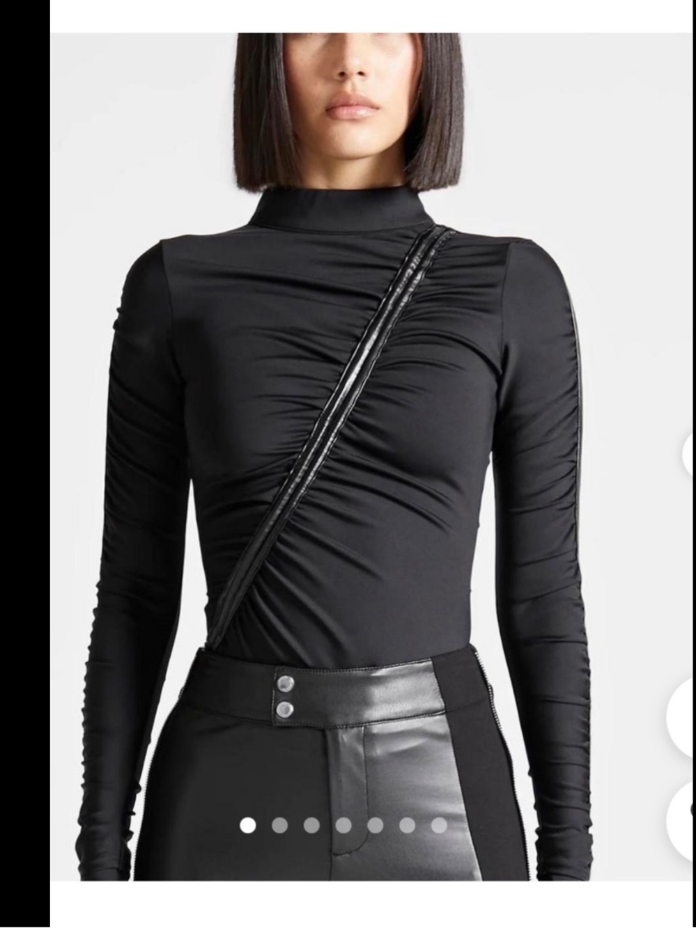 Black Diagonal Ruched Long Sleeve Thong Bodysuit Mock Neck, Maniere De Voir